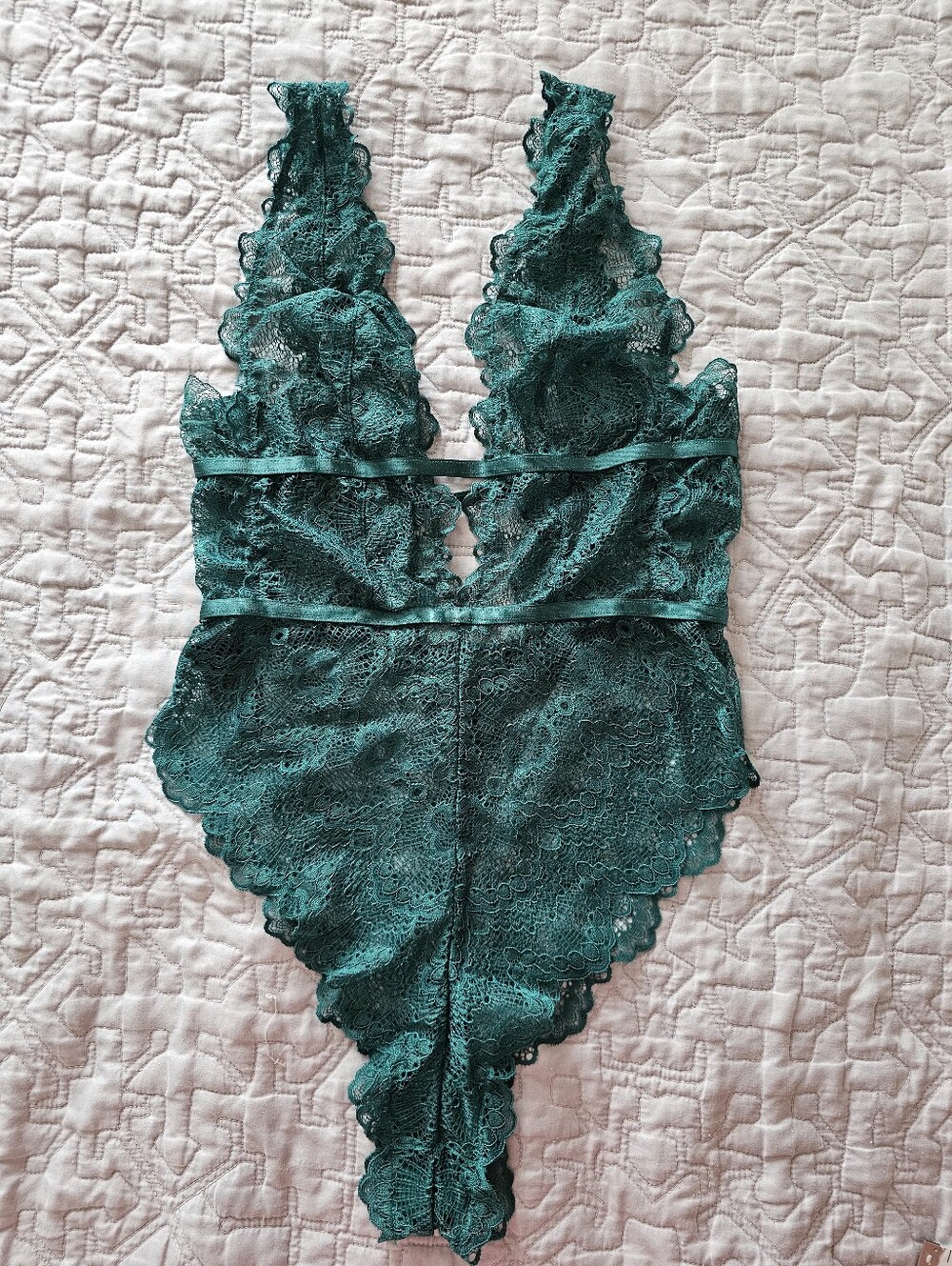 Lace Plunge Chemise Bodysuit in Emerald Green
